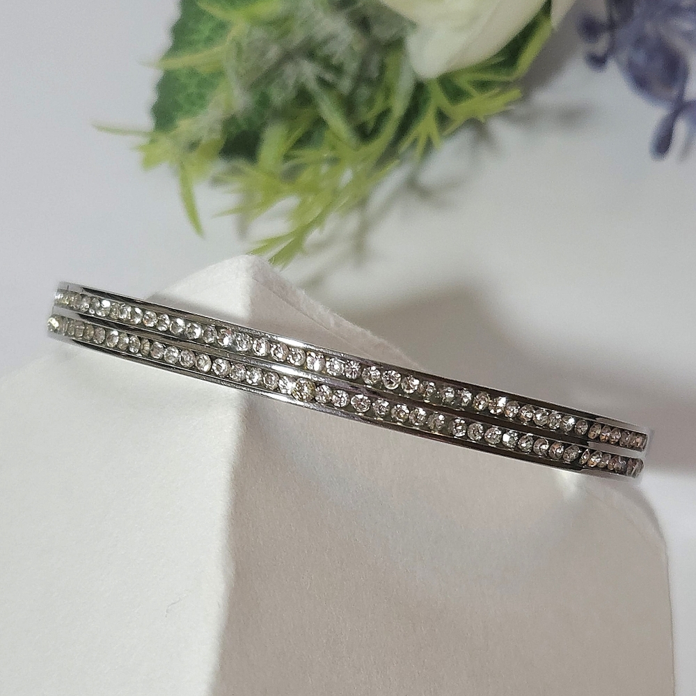 Silver Stainless Steel Crystal Tennis Bracelet Hinged Bangle Bracelet